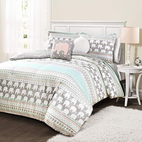  [아마존베스트]Lush Decor Elephant Stripe 4 Piece Comforter Set, Twin, Turquoise & Pink