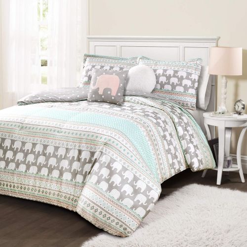  [아마존베스트]Lush Decor Elephant Stripe 4 Piece Comforter Set, Twin, Turquoise & Pink
