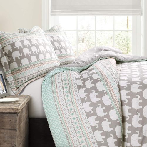  [아마존베스트]Lush Decor Elephant Stripe 4 Piece Comforter Set, Twin, Turquoise & Pink