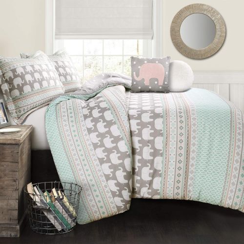  [아마존베스트]Lush Decor Elephant Stripe 4 Piece Comforter Set, Twin, Turquoise & Pink