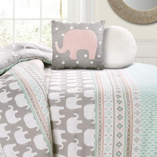  [아마존베스트]Lush Decor Elephant Stripe 4 Piece Comforter Set, Twin, Turquoise & Pink