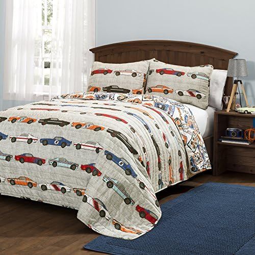  [아마존베스트]Lush Decor Race Cars 2 Piece Reversible Quilt Kids Bedding Set, Twin, Blue/Orange