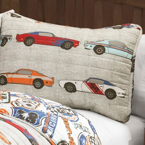  [아마존베스트]Lush Decor Race Cars 2 Piece Reversible Quilt Kids Bedding Set, Twin, Blue/Orange