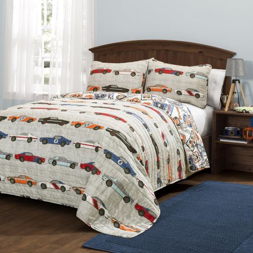  [아마존베스트]Lush Decor Race Cars 2 Piece Reversible Quilt Kids Bedding Set, Twin, Blue/Orange