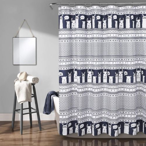  Lush Decor Llama Stripe Shower Curtain, 72 x 72, Navy