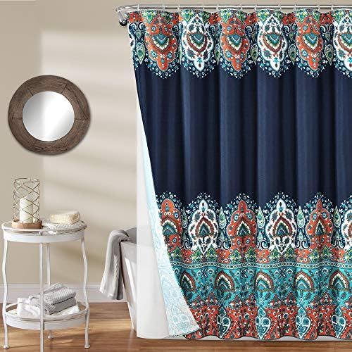  Lush Decor Bohemian Meadow Shower Curtain with Peva Lining and Rings, 14 Piece Complete Set, 72 x 72, Navy