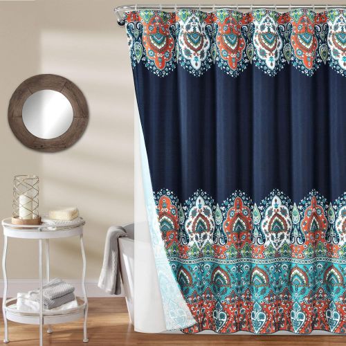  Lush Decor Bohemian Meadow Shower Curtain with Peva Lining and Rings, 14 Piece Complete Set, 72 x 72, Navy