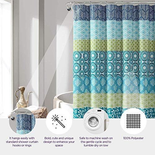  Lush Decor Bohemian Striped Shower Curtain Colorful Bold Design, 72 x 72, Blue and Green