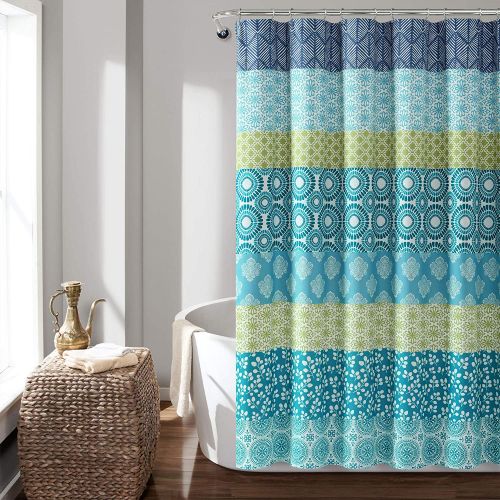  Lush Decor Bohemian Striped Shower Curtain Colorful Bold Design, 72 x 72, Blue and Green