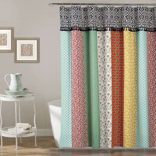  Lush Decor Boho Patch Shower Curtain-Fabric Bohemian Colorful Print Vertical Stripe Design with Tassels, 72 x 72, Multicolor, 70 x 72, Orange/Navy