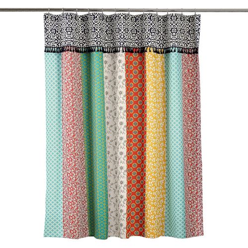  Lush Decor Boho Patch Shower Curtain-Fabric Bohemian Colorful Print Vertical Stripe Design with Tassels, 72 x 72, Multicolor, 70 x 72, Orange/Navy