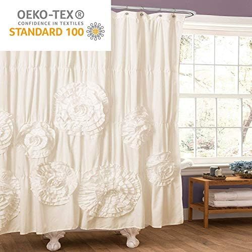  Lush Decor Serena Shower Curtain Ruffled Floral Shabby Chic Farmhouse Style Bathroom Decor, 72” x 72”, Ivory