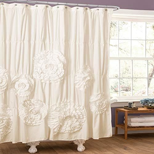  Lush Decor Serena Shower Curtain Ruffled Floral Shabby Chic Farmhouse Style Bathroom Decor, 72” x 72”, Ivory