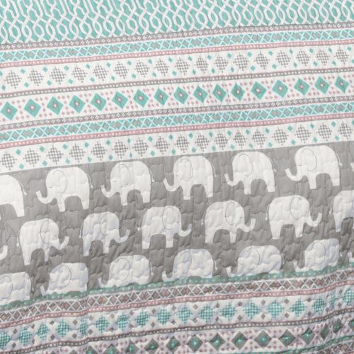  [아마존베스트]Lush Decor Pink-and-Turquoise Elephant Striped 5-Piece Quilt Bed Set, Full/Queen, Pink & Turquoise