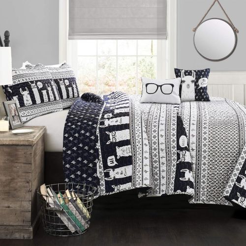  Lush Decor Llama Stripe 5 Piece Quilt Set, FullQueen, Navy