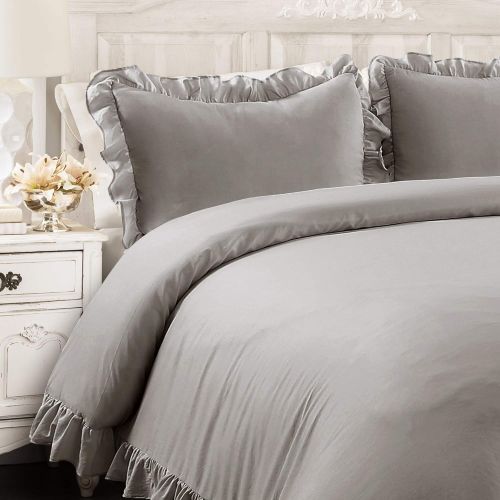  Lush Decor Reyna Comforter Ruffled 3 Piece Bedding Set with Pillow Shams, Full Queen, Gray