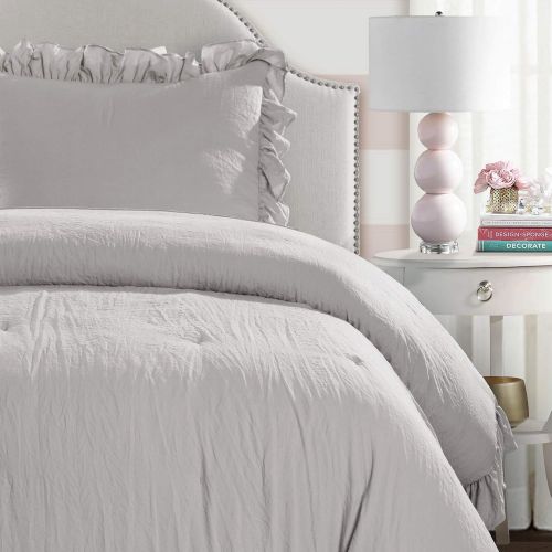  Lush Decor Reyna Comforter Ruffled 3 Piece Bedding Set with Pillow Shams, Full Queen, Gray