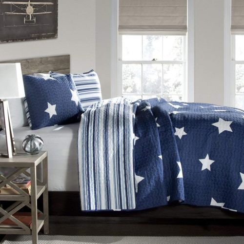  Lush Decor Twin Size Bedding Quilt Set For Teen Boys Bedroom in Navy Blue Star Print Design