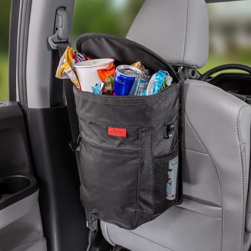  Lusso Gear Spill-Proof Car Trash Can | Compact 2.5 Gallon Hanging Garbage Bin with Odor Blocking Technology, Removable Liner & Storage Pockets Keeps Your Truck, Minivan & SUV Looking Sharp &