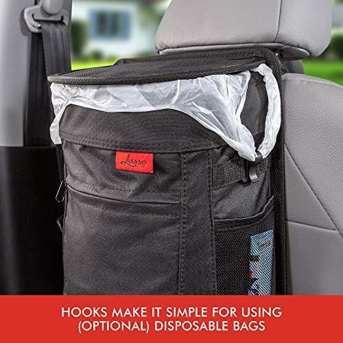  Lusso Gear Spill-Proof Car Trash Can | Compact 2.5 Gallon Hanging Garbage Bin with Odor Blocking Technology, Removable Liner & Storage Pockets Keeps Your Truck, Minivan & SUV Looking Sharp &