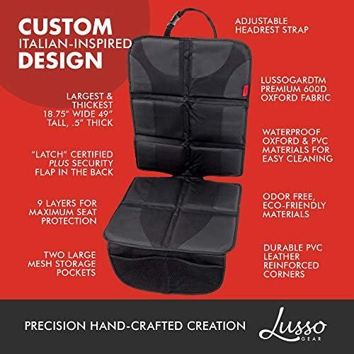  Lusso Gear Car Seat Protector, Thick Padding, 2 Mesh Storage Pockets, Waterproof, Protects Fabric or Leather Seats from Child Car Seat and Pets, Non-Slip Rubber Padded Backing, No