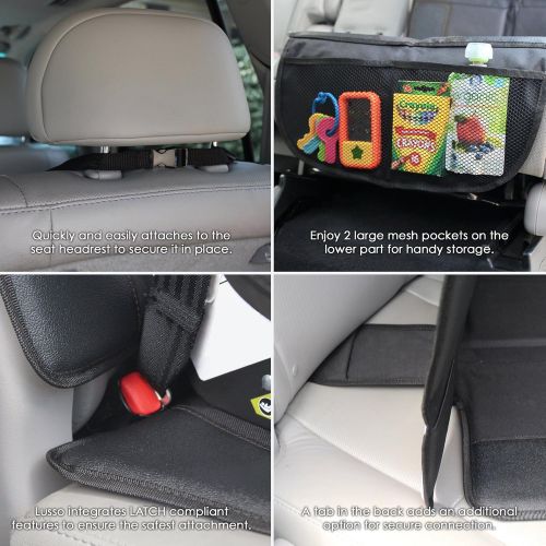  Lusso Gear Car Seat Protector, Thick Padding, 2 Mesh Storage Pockets, Waterproof, Protects Fabric or Leather Seats from Child Car Seat and Pets, Non-Slip Rubber Padded Backing, No