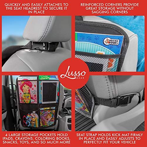  Lusso Gear Kick Mats (2 Pack) - Car Seat Back Protectors, Premium Waterproof Fabric, Reinforced Corners to Prevent Sag, and 4 Mesh Pockets for Large Storage (Black)