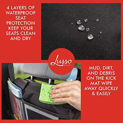  Lusso Gear Kick Mats (2 Pack) - Car Seat Back Protectors, Premium Waterproof Fabric, Reinforced Corners to Prevent Sag, and 4 Mesh Pockets for Large Storage (Black)