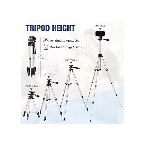  Phone Tripod, Lusweimi 44-inch iPhone Tripod with Phone Holder Mount/Wireless Remote for Cell Phone/Camera/Webcam/GoPro, Tabletop Lightweight Tripod for iOS/Android/Smartphone