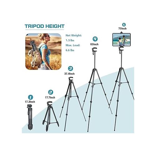  Tripod, Lusweimi 73-Inch Camera Tripod for iPad pro & iPhone Compatible with Tablet/iPad Pro 12.9 inch/Webcam/Video Camera, iPad Pro Tripod Stand with Wireless Remote & Bag for Vlog/Video/Photography