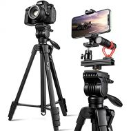 Lusweimi Vlogging Camera Tripod for Phone/Canon/Nikon/Sony, 60 Photography Tripod Stand with Rail Slider, Tripod Mount & Universal Phone Holder, Fluid Head for All Cameras/Cell Pho