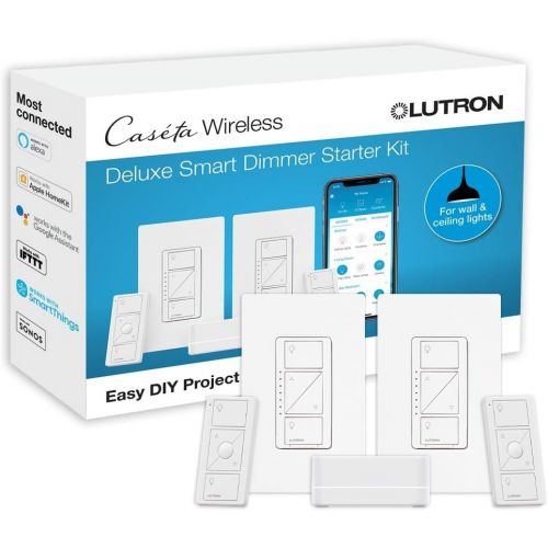  Lutron Caseta Deluxe Smart Dimmer Switch Kit Works with Alexa, Apple HomeKit, and the Google Assistant P-BDG-PKG2W-A White