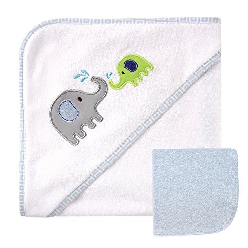  Luvable Friends Unisex Baby Hooded Towel and Washcloth, Blue Elephant, One Size