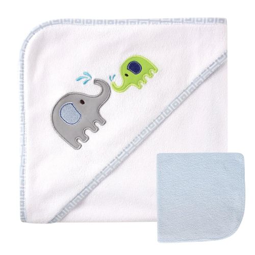  Luvable Friends Unisex Baby Hooded Towel and Washcloth, Blue Elephant, One Size