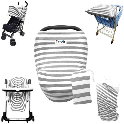  Luvit LLC Luvit 5-in-1 Baby Car Seat Canopy, Stroller Canopy, Shopping Cart Cover, High Chair Cover & Nursing Cover (Gray/White Stripes)