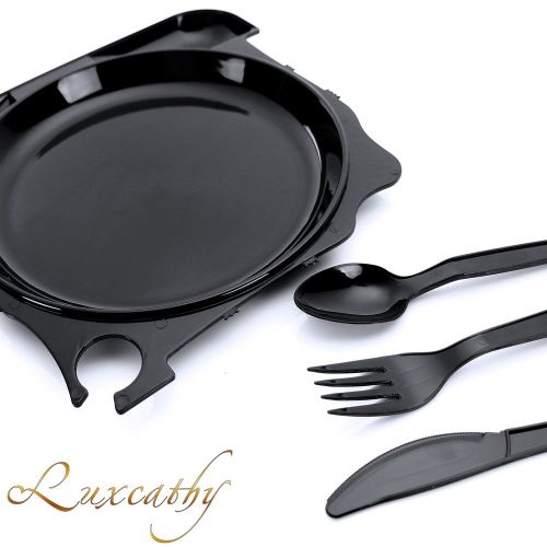  Luxcathy 25 Counts Plastic Compartment Plates with Flatware - 7.5 Diameter Divided Plate with Knife Fork Spoon One-piece Design for School Lunch Tray, Party, Barbecue BBQ, Picnic (