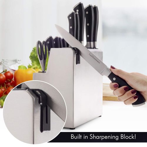  Luxhomewares Kitchen Knife Set with Block, 14 pc, Stainless Steel - Complete Culinary Sets - Gourmet Chef, Pairing, Cooking, Steak Knives with Scissors and Built-In Sharpener - All-Purpose, Ful