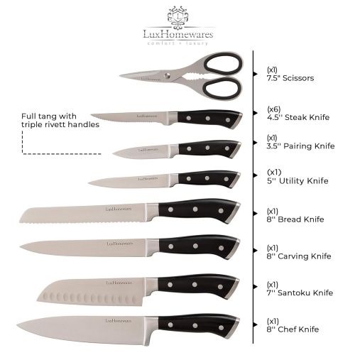  Luxhomewares Kitchen Knife Set with Block, 14 pc, Stainless Steel - Complete Culinary Sets - Gourmet Chef, Pairing, Cooking, Steak Knives with Scissors and Built-In Sharpener - All-Purpose, Ful