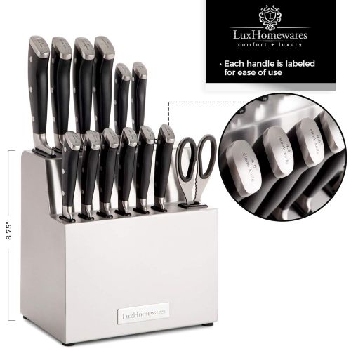  Luxhomewares Kitchen Knife Set with Block, 14 pc, Stainless Steel - Complete Culinary Sets - Gourmet Chef, Pairing, Cooking, Steak Knives with Scissors and Built-In Sharpener - All-Purpose, Ful