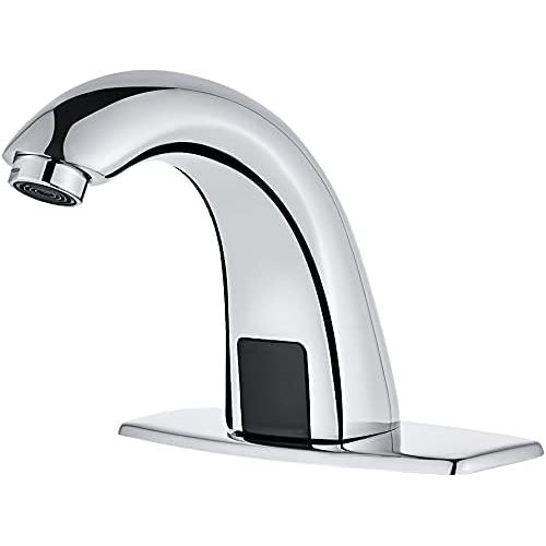  Luxice Automatic Touchless Bathroom Sink Faucet with Hole Cover Plate, AC/DC Powered Sensor Hands Free Bathroom Tap with Control Box and Temperature Mixer, Battery or Plug-in Senso