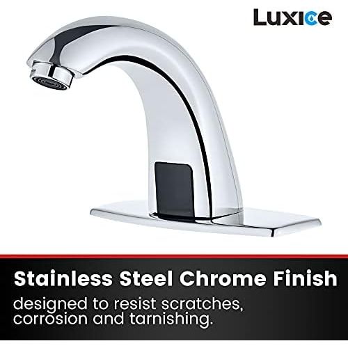  Luxice Automatic Touchless Bathroom Sink Faucet with Hole Cover Plate, AC/DC Powered Sensor Hands Free Bathroom Tap with Control Box and Temperature Mixer, Battery or Plug-in Senso