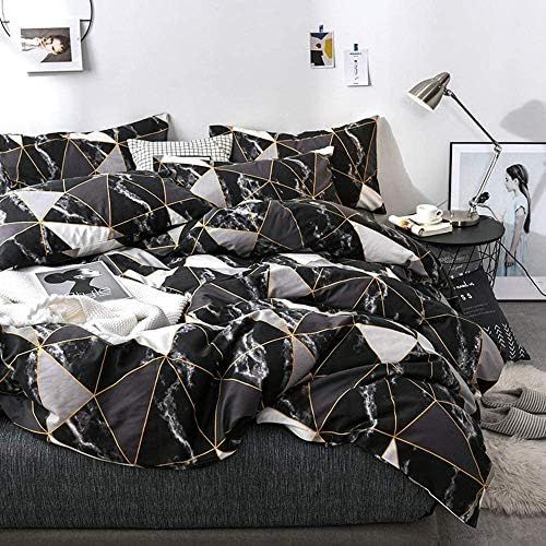  [아마존베스트]Luxlovery Black Marble Comforter Set Queen Geometric Plaid Bedding Set White Silver Grey Blanket Quilts Black with Gold Line Bedding Comforter Sets for Men Boys Adults Women