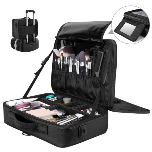  [아마존핫딜][아마존 핫딜] Travel Makeup Case, Luxspire Multilayer Cosmetic Makeup Train Case Portable Makeup Bag Large Cosmetics Makeup Box Organizer With Shoulder Strap and Mirror - Black