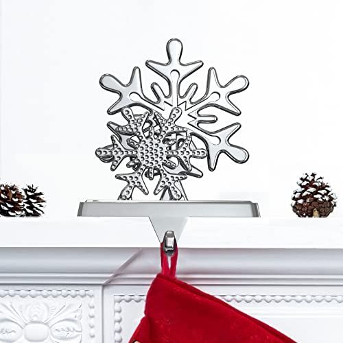  Luxspire Christmas Stocking Holder, Snowflake Stocking Holder for Mantle Fireplace Christmas Decoration - Silver