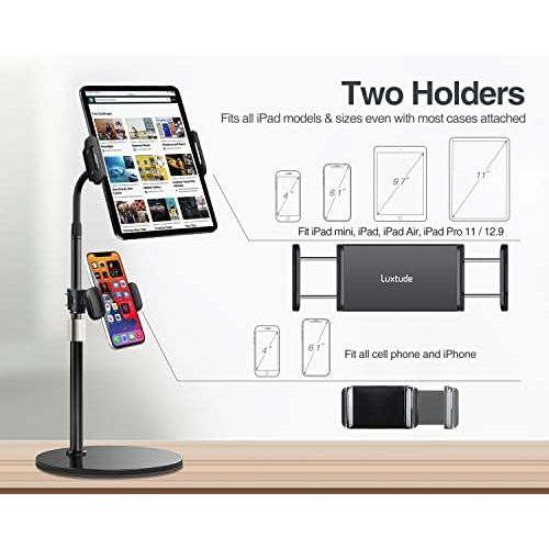  [아마존베스트]Luxtude Tablet stand, gooseneck tablet holder, height adjustable mobile phone stand for table, stable base tablet holder/mobile phone stand for iPhone, iPad Air Mini Pro and other