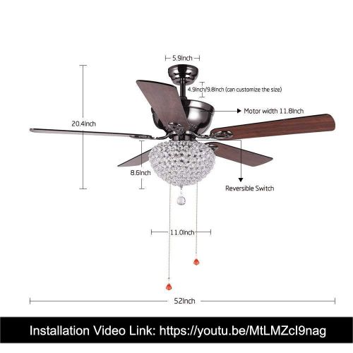  Luxure Fan LuxureFan Modern Crystal Ceiling Fan Lihgt with 5 Premium Reverse Wood Leaves and Elegant Crystal Lampshade Pull Chain Decoration for Home Dining Room Restaurant of Mahogany (52Inc