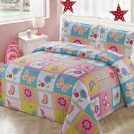 [아마존베스트]Luxury Home Collection 2 Piece Twin Size Quilt Coverlet Bedspread Bedding Set for Kids Teens Girls Patchwork Butterfly Flower Pink Yellow White Blue Green Purple (Twin Size)