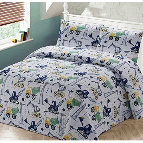  [아마존베스트]Luxury Home Collection 2 Piece Twin Size Quilt Coverlet Bedspread Bedding Set for Kids Teens Construction Equipment Trucks Crane Cement Mixer Bulldozer Navy Blue White Gray Yellow