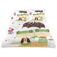 LvShen Cute Frog Heart Umbrella Kids Bedding Sets Twin Size 3 Pieces Printed Sheets Bed Coverlet Duvet Cover Set with 2 Pillow Cases Shams for Teen Boys Girls