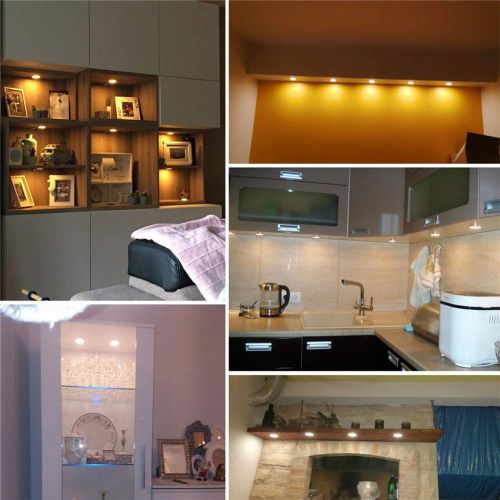  Lvyinyin Under Cabinet Lighting Kit, Dimmable Wireless RF LED Control, Linkable Puck Lights, AC 120V to DC 12V Wall Plug Adapter, 8 Lights, Daylight, White Cable